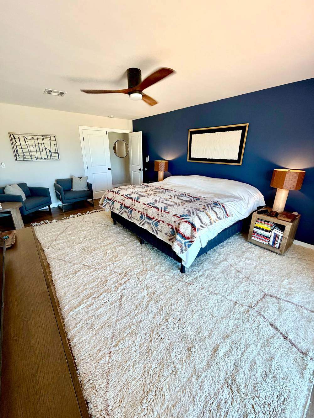 The new Moroccan rug from Soukie Modern in the bedroom